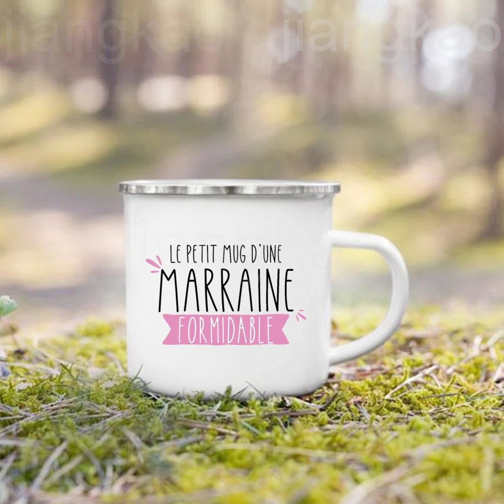 French Marraine Parrain Print Enamel Coffee Mug Drinks Milk Cup Camping Mugs Best Birthday Holiday Gift for Godmother Godfather