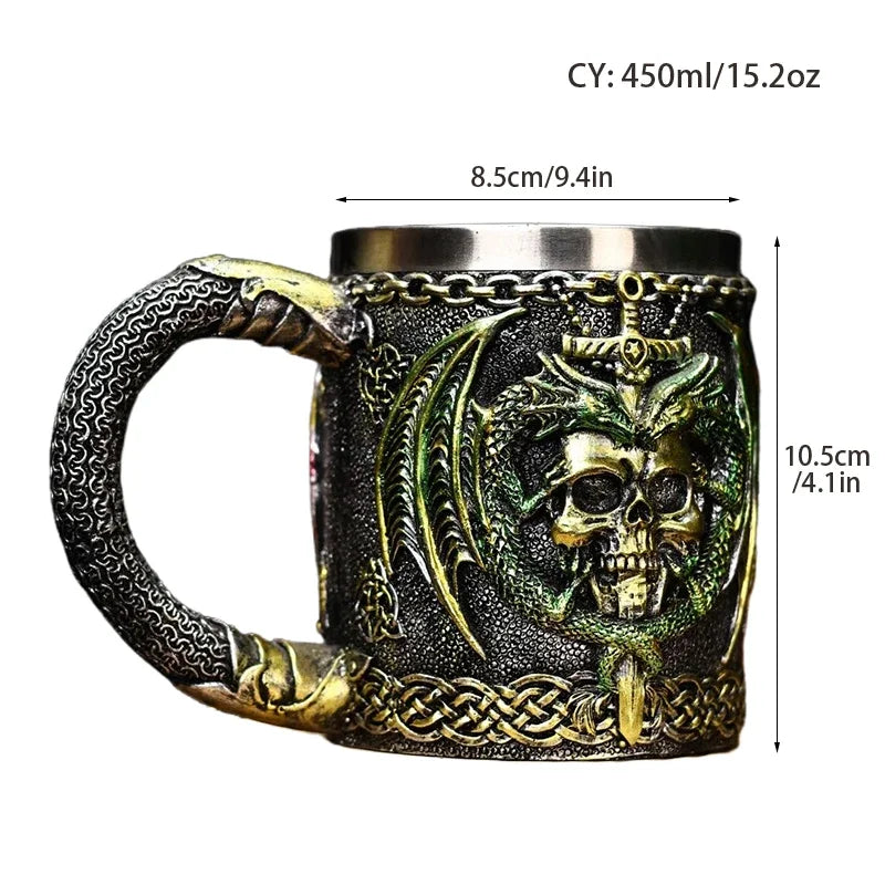 Dragon Sword Beer Glass Medieval Resin Stainless Steel Mug Skull Beer Steins Bar Drinkware Gothic Tankard Coffee Cup Tea Tumbler