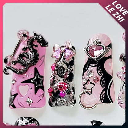 Handmade Y2K Press On Nails 3D Black Powder Small Snakes Duckbill Lace Rhinestone Punk Rivet Beautiful Wearable Fake Nail