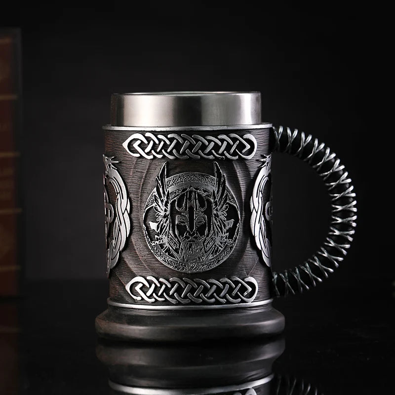 Nordic Mythology Beer Glass Odin Resin Stainless Steel Mug God of War Beer Steins Tankard Coffee Cup Tea Tumbler Drinkware Decor