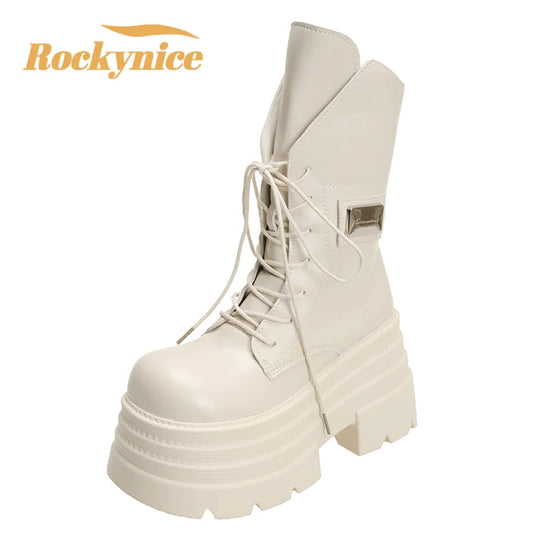 10CM Women's Mid-Calf Boots New Lace-up Patent Leather Chunky Punk Shoes Autumn High Heels Platform Motorcycle Boots For Woman