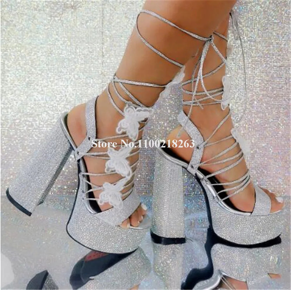 Bling Bling Rhinestones Butterfly Block Heel Sandals Crystals Straps Cross High Platform Chunky Heel Wedding Dress Shoes