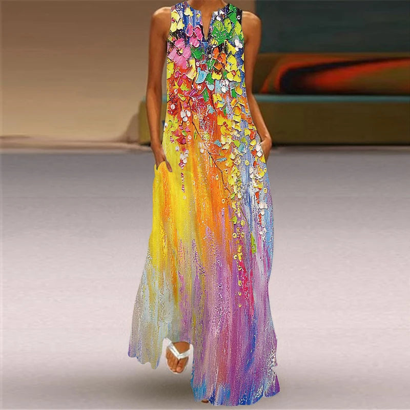 2024 New Summer Women's Sleeveless V-neck Printed Sexy Long Dress for Cross Border Trade in Europe and America