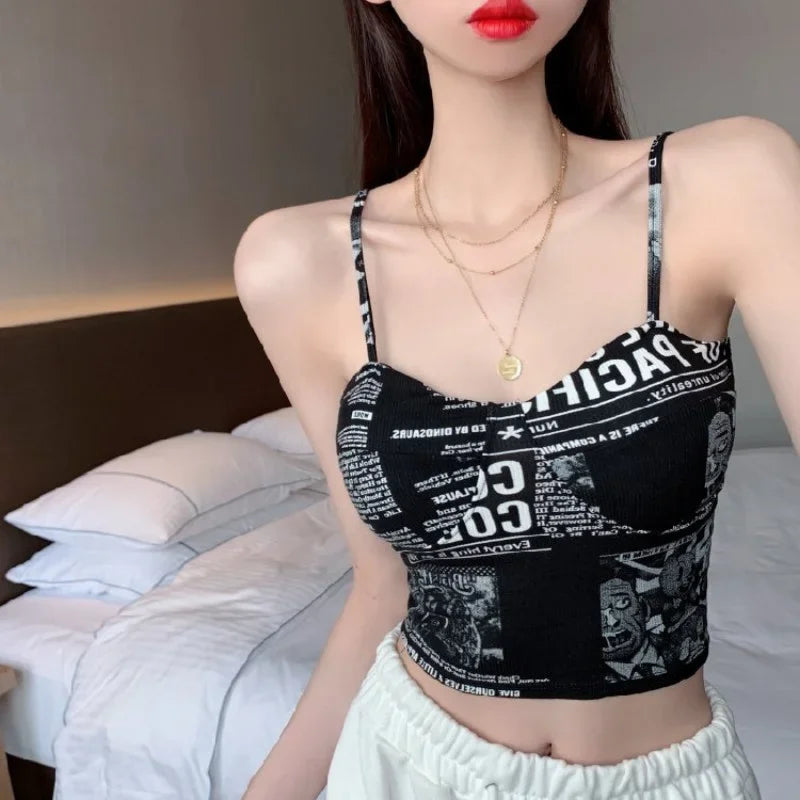 Women Push Up Camisole Padded Bra Sexy Top Suspender Tanks Fashion Printed Newspaper Camis Female Soft Sleeveless Tube Tops