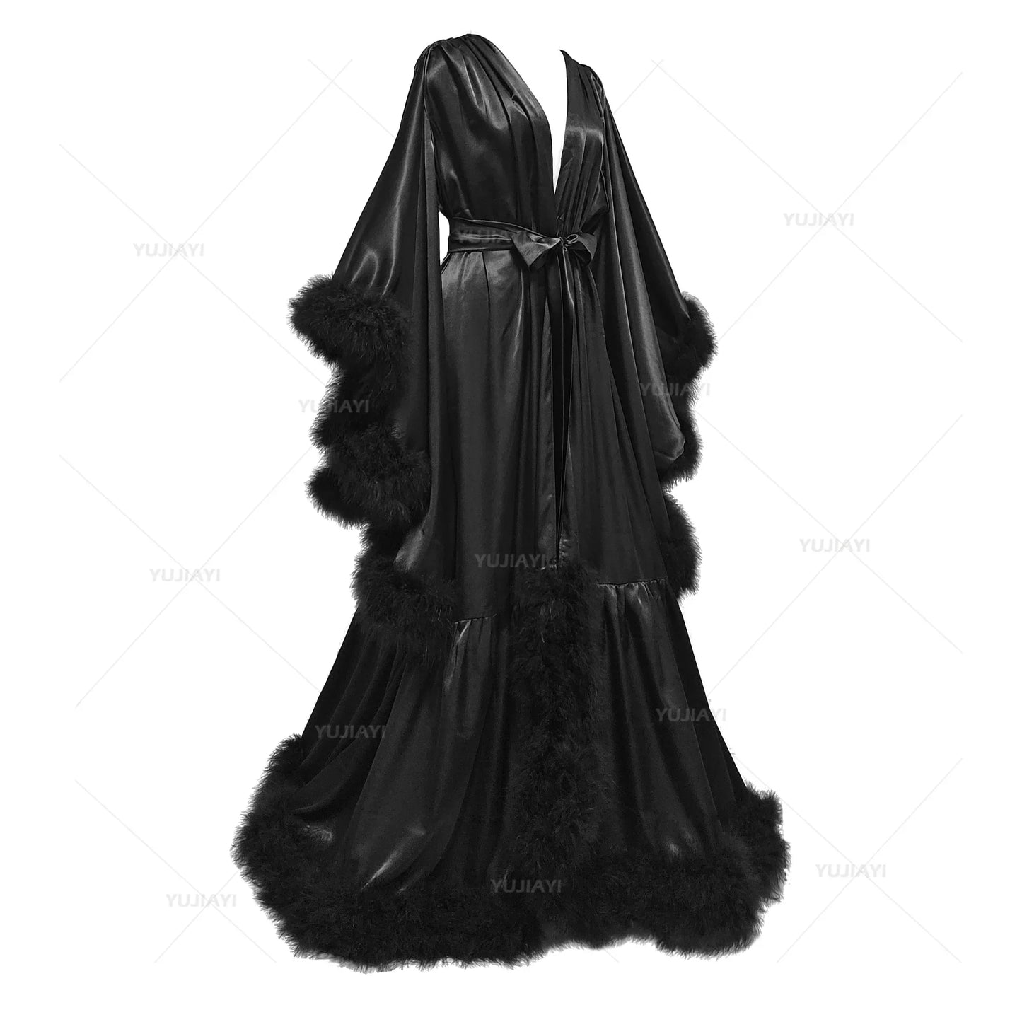 Bathrobe for Women Lingerie Flare Sleeves Bridal Feather Robe Silk Satin Luxury Long Wedding Dressing Gown Maternity Dress