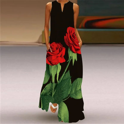 Red Rose Print Long Dress For Women Summer Casual Beach Party Robe Sexy Sleeveless V-neck Pockets Maxi Dress Ladies Clothing