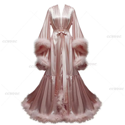 Bathrobe for Women Lingerie Flare Sleeves Bridal Feather Robe Silk Satin Luxury Long Wedding Dressing Gown Maternity Dress