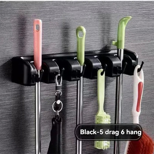 Wall Mounted Mop Holder 5 Position Multi-Functional Broom Hanger Shelf Home Kitchen Storage Black Magic Plastic Mop Holder