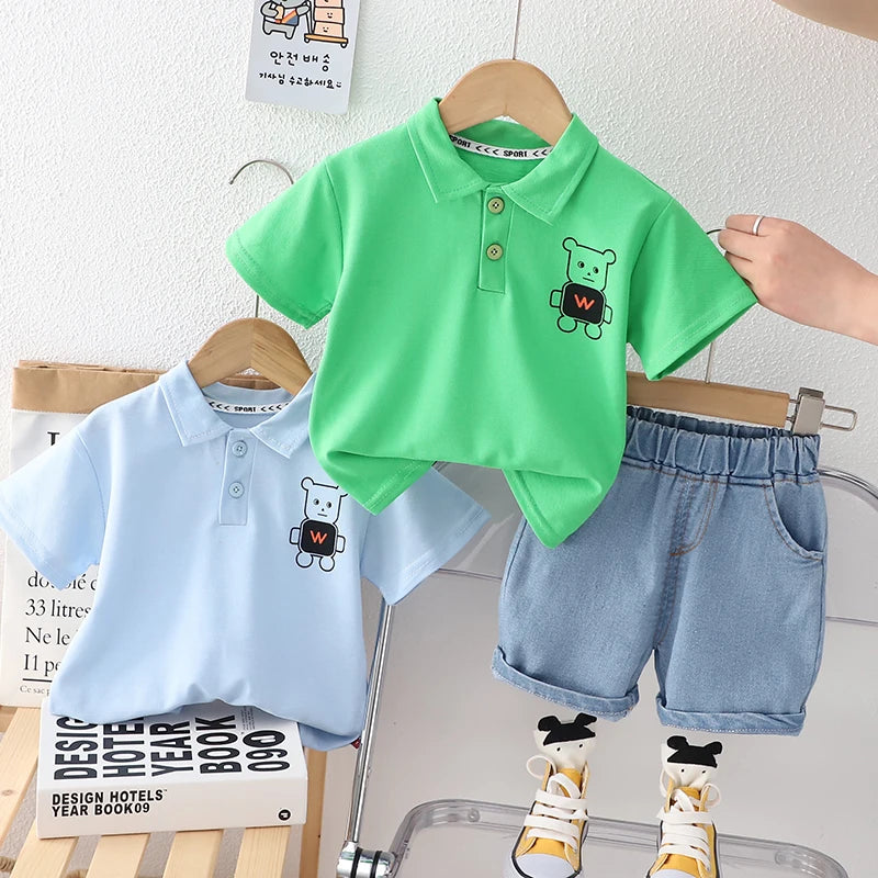 0-5 Year Old Baby Boy Summer Simple Clothes Set Children's Fashion Cartoon Robot Polo Shirt + Denim Shorts 2-Piece Suits