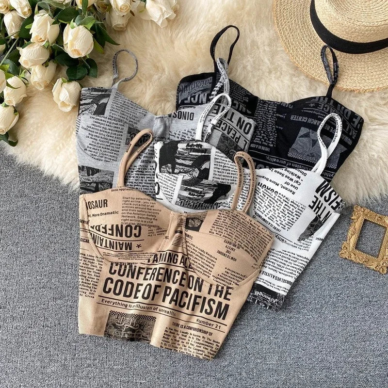 Women Push Up Camisole Padded Bra Sexy Top Suspender Tanks Fashion Printed Newspaper Camis Female Soft Sleeveless Tube Tops