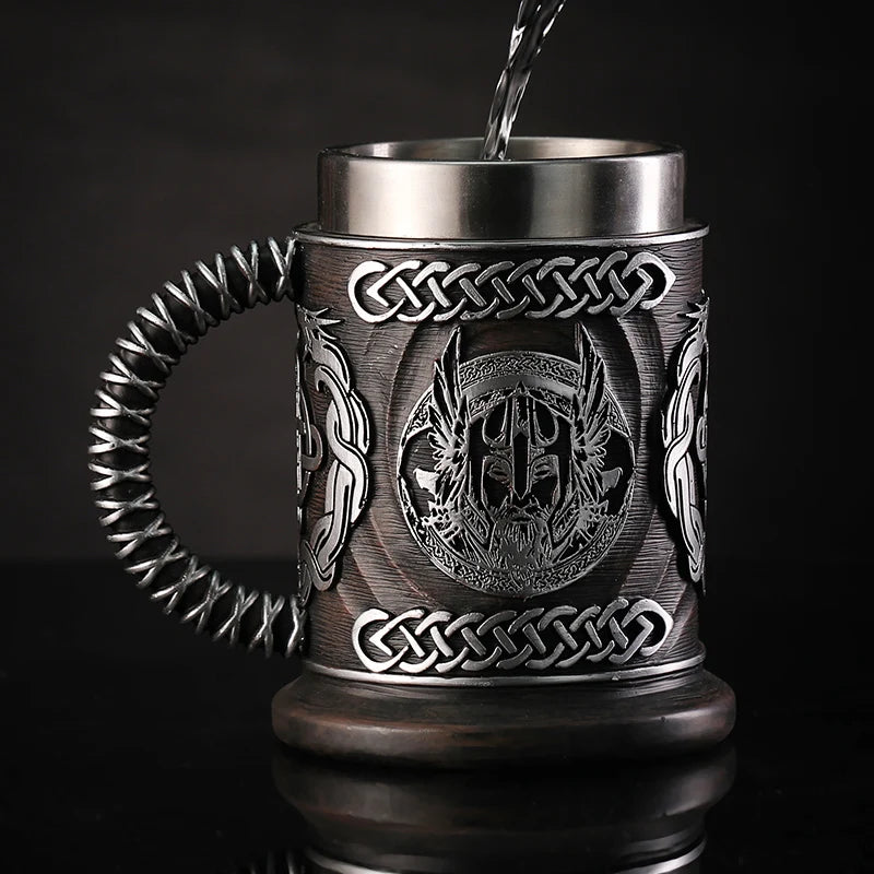 Nordic Mythology Beer Glass Odin Resin Stainless Steel Mug God of War Beer Steins Tankard Coffee Cup Tea Tumbler Drinkware Decor