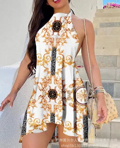 Abstract Print Backless Swing Dress Women Sleeveless Sexy Mini Dress Spring Summer Letter Printed Fashion Casual High Waist