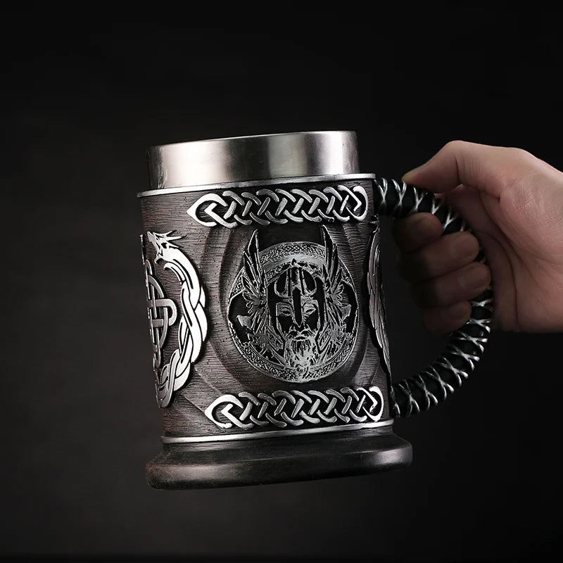 Nordic Mythology Beer Glass Odin Resin Stainless Steel Mug God of War Beer Steins Tankard Coffee Cup Tea Tumbler Drinkware Decor