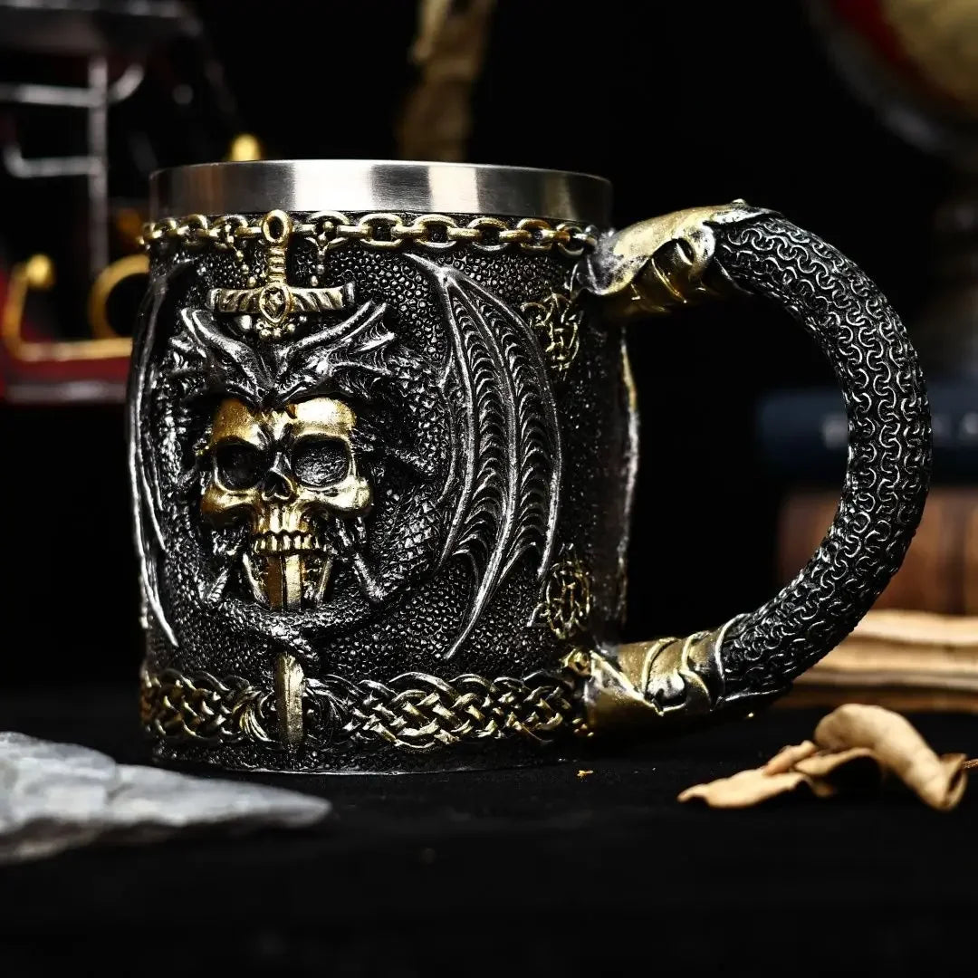 Dragon Sword Beer Glass Medieval Resin Stainless Steel Mug Skull Beer Steins Bar Drinkware Gothic Tankard Coffee Cup Tea Tumbler