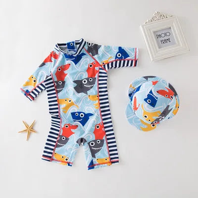 2024 baby boys girls swimwear with cap surfing Wear  swimming suit infant toddler kids children Sunscreen beach bathing Suit