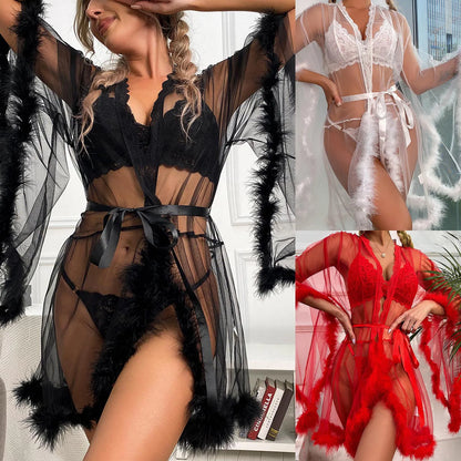 Mesh Sexy Robe Solid Feather Kimono Lace Transparent Nightdress Bathrobe See Through Underwear Exotic Pajamas Women Lingerie