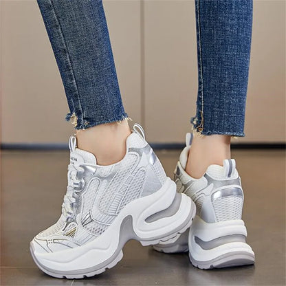 12cm Synthetic Air Mesh Genuine Leather Vulcanize Chunky Sneakers Summer Autumn Leisure Spring Women Platform Wedge Pumps