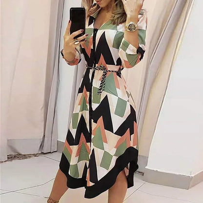 Women Dress Mid Length Dresses Print Plaid Turn Down Collar Full Sleeve A Line Tight High Waist Elegant Splice Summer Vestidos