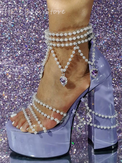 Luxury Pearl Chain Transparent Strap Women Hight Heel Sandals Summer Sexy Peep Toe Chunky Platform Pumps Ladies Dress Shoes