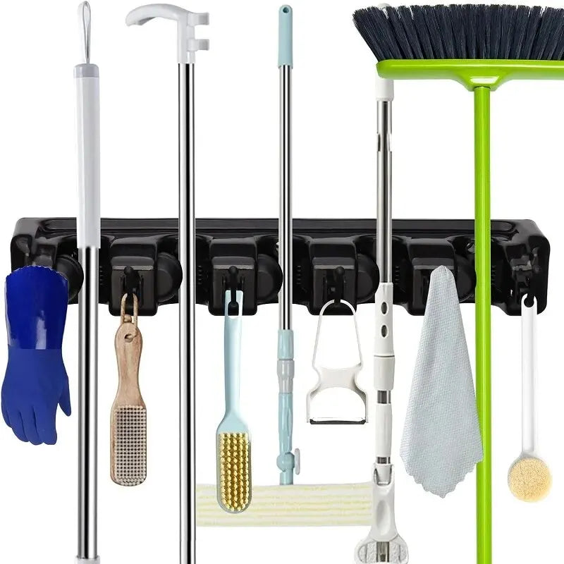 Wall Mounted Mop Holder 5 Position Multi-Functional Broom Hanger Shelf Home Kitchen Storage Black Magic Plastic Mop Holder