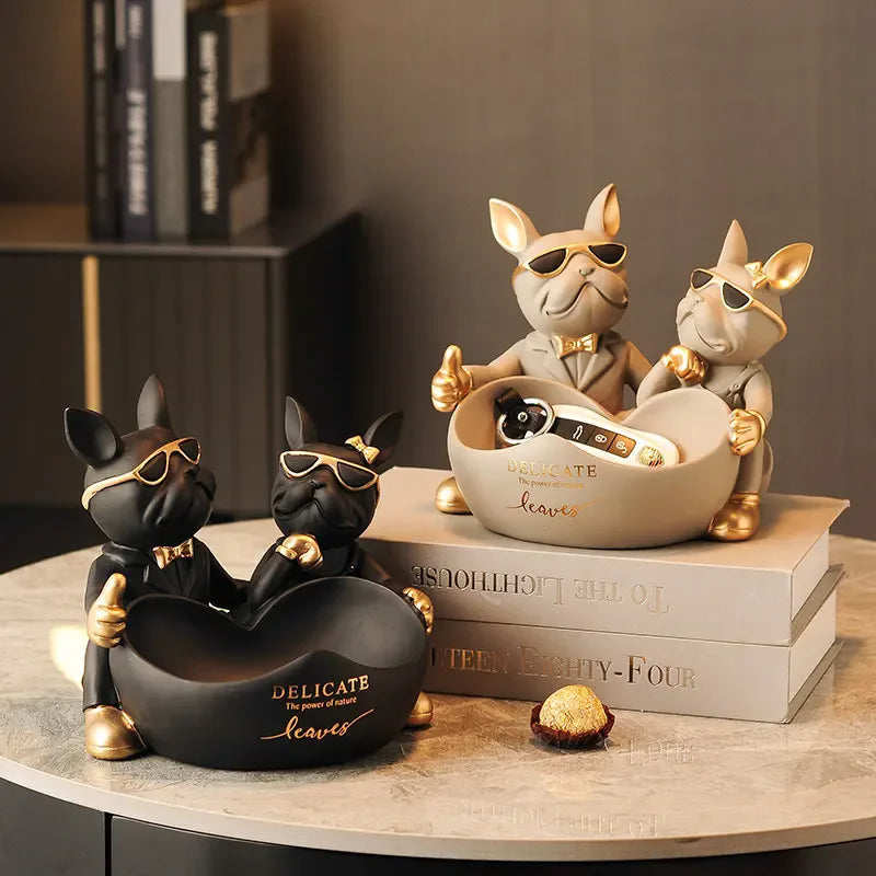 Lovers Bulldog Statue with Bowl Storage Box For Keys Jewelry French Bulldog Figurine Resin Home Décor Table Decoration Sulpture