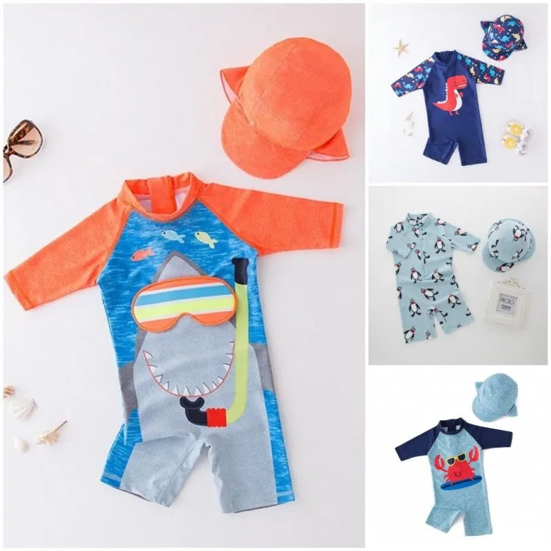 2024 baby boys girls swimwear with cap surfing Wear  swimming suit infant toddler kids children Sunscreen beach bathing Suit