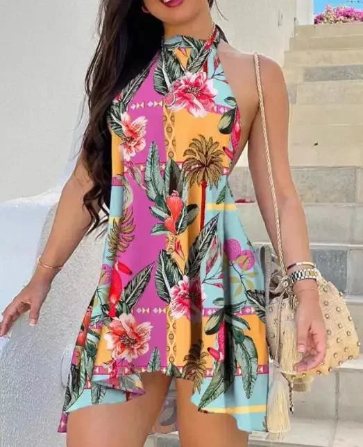 Abstract Print Backless Swing Dress Women Sleeveless Sexy Mini Dress Spring Summer Letter Printed Fashion Casual High Waist