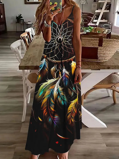 2024 New 3D Owl Vintage Print Sleeveless Vest Long Women's Tribal Pattern Spaghetti Strap Dress Summer Long Loose Vest Dresses