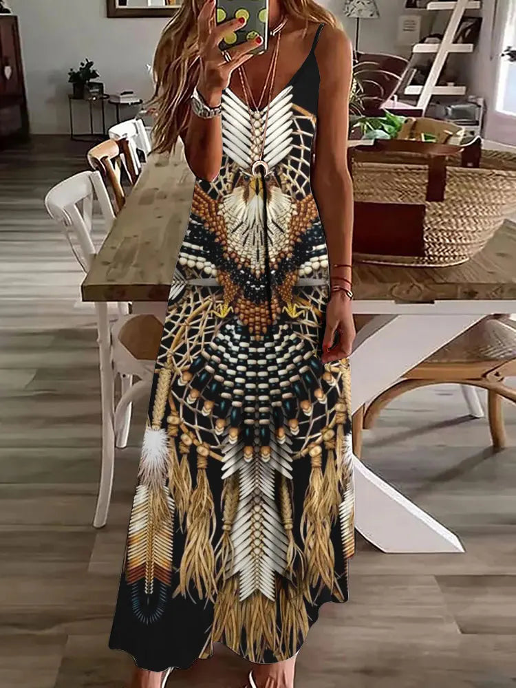 2024 New 3D Owl Vintage Print Sleeveless Vest Long Women's Tribal Pattern Spaghetti Strap Dress Summer Long Loose Vest Dresses