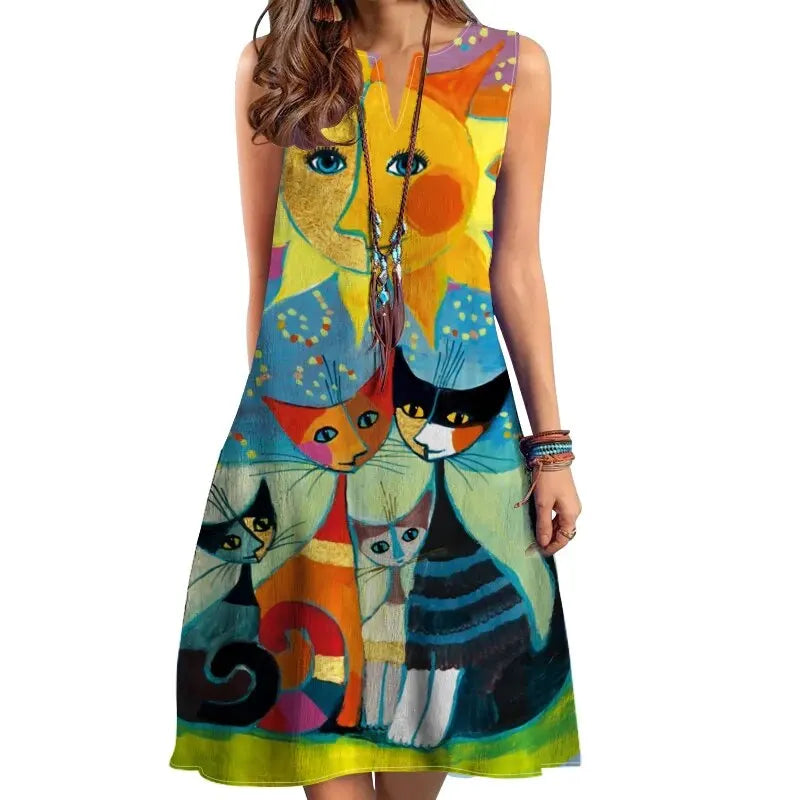 2024 European and American Cross Border Women's New Dress V-neck Sleeveless Sexy Printed Large Hem Foreign Trade Dress