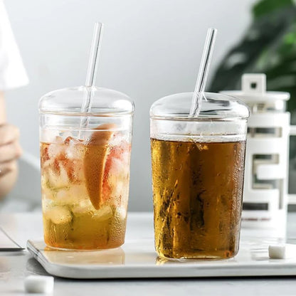 500ml Glass Coffee Cups With Lids Straws,Clear Smoothie Glasses,Round Dome Tumbler,Beer Mug,for Iced Tea Juice,Summer Drinkware