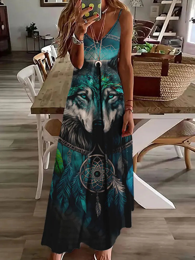 2024 New 3D Owl Vintage Print Sleeveless Vest Long Women's Tribal Pattern Spaghetti Strap Dress Summer Long Loose Vest Dresses