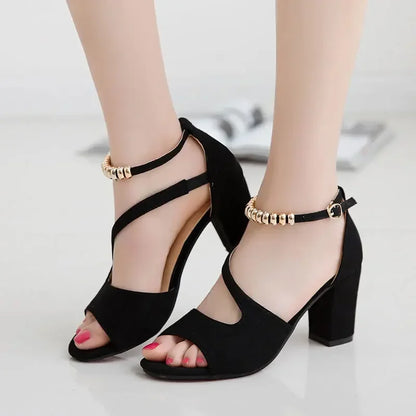 2024 Spring Summer Sexy Fish Mouth Hollow Roman Sandals Thick With Word With Beaded High Heels Female Summer Sexy Female Sandals