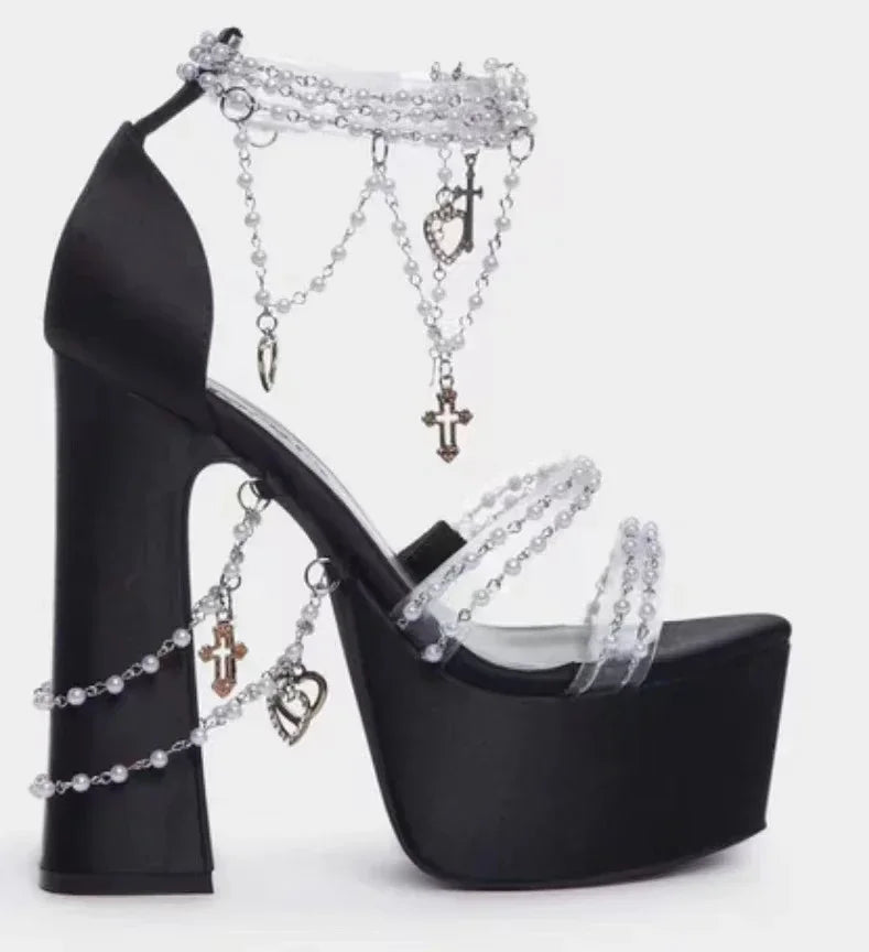 Velvet Bling Beads Tassels High Heel Sandals Pearl Beaded Platform Chunky Sandal Solid Hollow Luxury Peep-Toe Sexy Shoes Summer