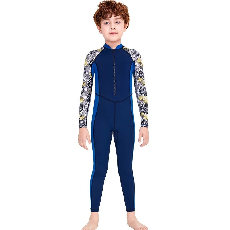 One-Piece Children Swimsuits Kid Swimwear Boys Long Sleeve Sun Protection (including swimming caps)