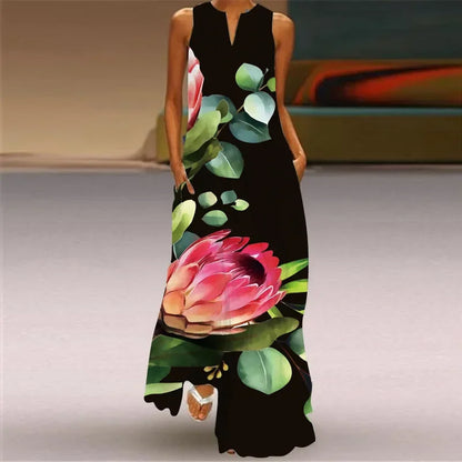 Red Rose Print Long Dress For Women Summer Casual Beach Party Robe Sexy Sleeveless V-neck Pockets Maxi Dress Ladies Clothing