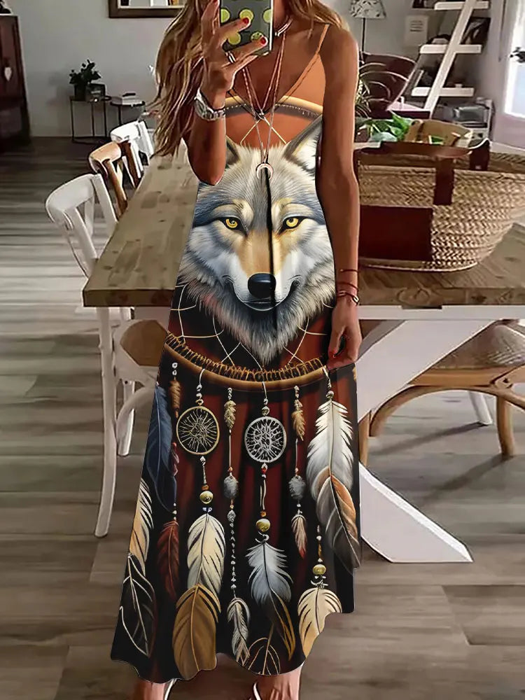 2024 New 3D Owl Vintage Print Sleeveless Vest Long Women's Tribal Pattern Spaghetti Strap Dress Summer Long Loose Vest Dresses