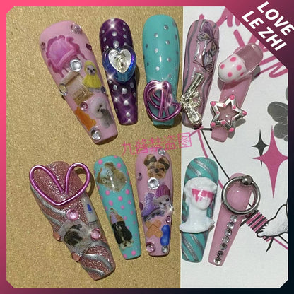 Y2K Long Coffin Handmade Press On Nails 3D Leopard Print with Five-Pointed Star Glitter Pearl Design Reusable Girls Fake Nails