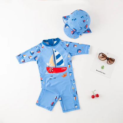 2024 baby boys girls swimwear with cap surfing Wear  swimming suit infant toddler kids children Sunscreen beach bathing Suit