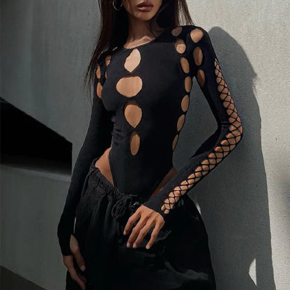 Candyhot Sexy Dot Hollow Out Bodysuit Y2K Gothic Punk Long Sleeves Bodycon T-shirt Women Autumn Streetwear Slim Bodice Bodysuits