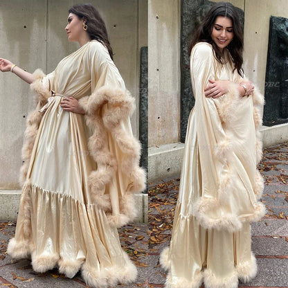 Bathrobe for Women Lingerie Flare Sleeves Bridal Feather Robe Silk Satin Luxury Long Wedding Dressing Gown Maternity Dress