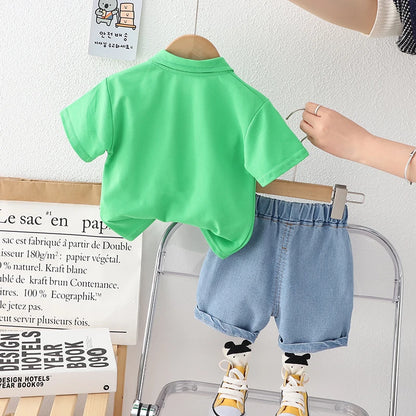 0-5 Year Old Baby Boy Summer Simple Clothes Set Children's Fashion Cartoon Robot Polo Shirt + Denim Shorts 2-Piece Suits