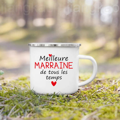 French Marraine Parrain Print Enamel Coffee Mug Drinks Milk Cup Camping Mugs Best Birthday Holiday Gift for Godmother Godfather