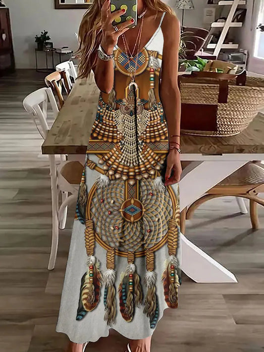 2024 New 3D Owl Vintage Print Sleeveless Vest Long Women's Tribal Pattern Spaghetti Strap Dress Summer Long Loose Vest Dresses