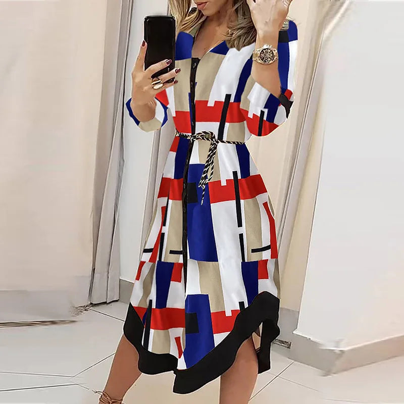 Women Dress Mid Length Dresses Print Plaid Turn Down Collar Full Sleeve A Line Tight High Waist Elegant Splice Summer Vestidos