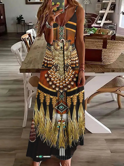 2024 New 3D Owl Vintage Print Sleeveless Vest Long Women's Tribal Pattern Spaghetti Strap Dress Summer Long Loose Vest Dresses