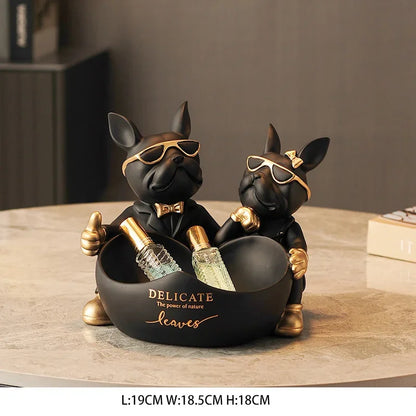 Lovers Bulldog Statue with Bowl Storage Box For Keys Jewelry French Bulldog Figurine Resin Home Décor Table Decoration Sulpture