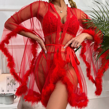 Mesh Sexy Robe Solid Feather Kimono Lace Transparent Nightdress Bathrobe See Through Underwear Exotic Pajamas Women Lingerie