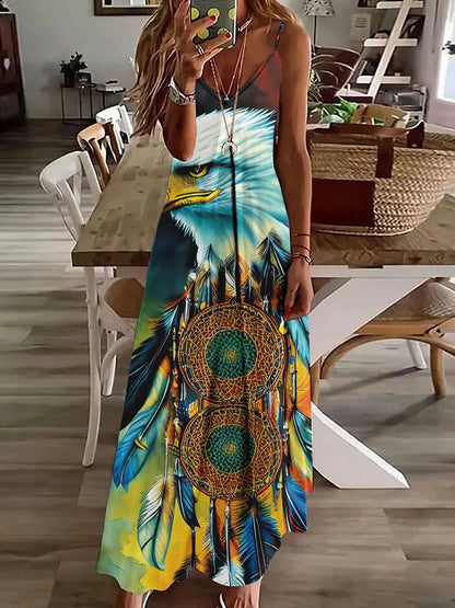 2024 New 3D Owl Vintage Print Sleeveless Vest Long Women's Tribal Pattern Spaghetti Strap Dress Summer Long Loose Vest Dresses