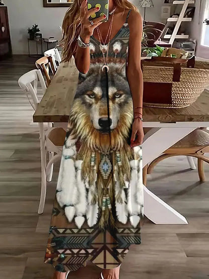 2024 New 3D Owl Vintage Print Sleeveless Vest Long Women's Tribal Pattern Spaghetti Strap Dress Summer Long Loose Vest Dresses